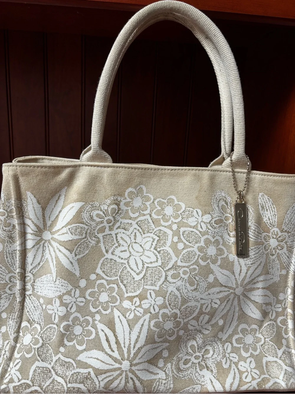 Oscar De La Renta Beige With White Flowers tote